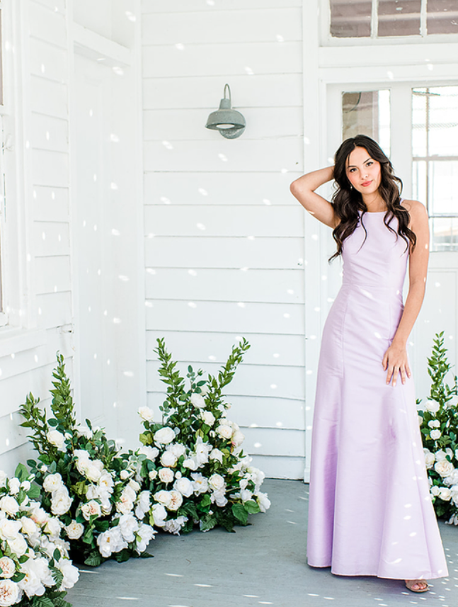 Elegant Lilac A Line Round Neck Satin Long Bridesmaid Dress Prom Dress SH6313