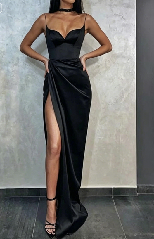 Black Mermaid Spaghetti Straps Cheap Long Evening Prom Dresses SA752