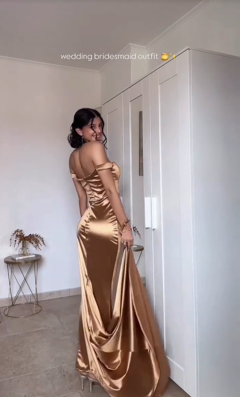 Pretty Mermaid Off the Shoulder Slit Satin Wedding Bridesmaid Dress Outfits SH4961