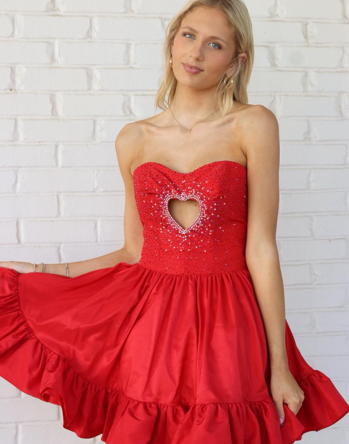 Cute Red A Line Sweetheart Neck Beaded Satin Short Prom Dress Homecoming Dress SH6589