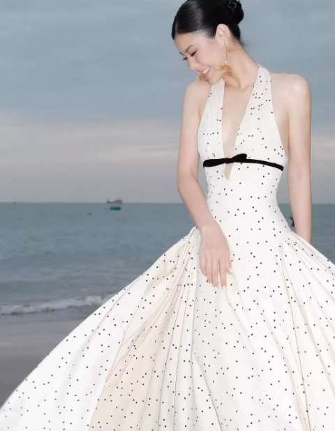 Retro A Line Halter Polka Dot Satin Open Back Prom Dress Evening Dress SH3113