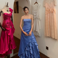 Vintage A Line Strapless Beaded Sequin Ruffle Blue Satin Long Prom Dress Party Dress SH3035