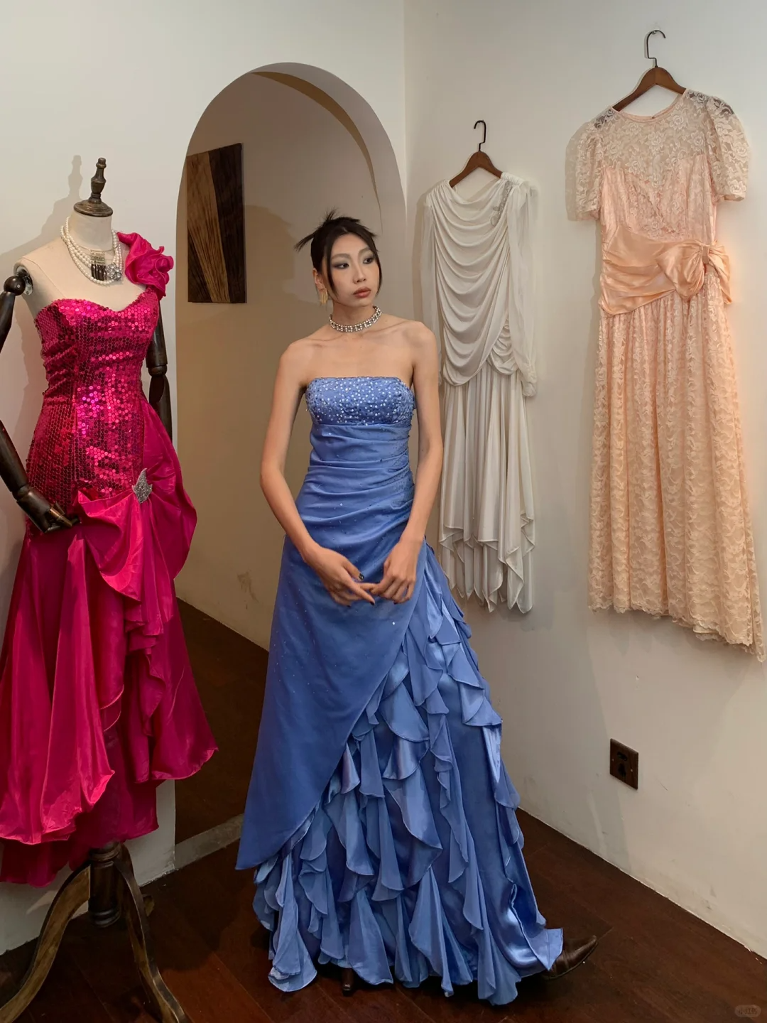 Vintage A Line Strapless Beaded Sequin Ruffle Blue Satin Long Prom Dress Party Dress SH3035