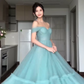 Blue A Line Off the Shoulder Tulle Prom Dress Wedding Guest Dress SH4744