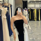Pretty Black-white A Line Strapless Beaded Velvet Satin Long Prom Dress Wedding Guest Dress SH5405