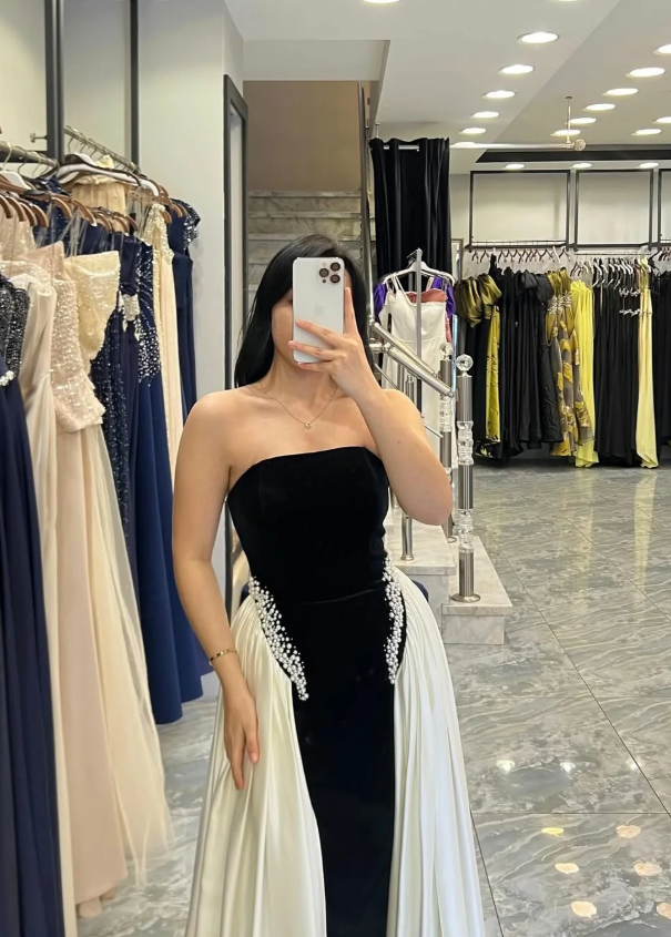 Pretty Black-white A Line Strapless Beaded Velvet Satin Long Prom Dress Wedding Guest Dress SH5405