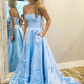 Strapless Blue Sweetheart Neck Sweep Train Satin Prom Dresses  SH853