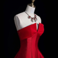 Simple A Line Strapless Red Satin Long Sweep Prom Dress Graduation Prom Dress SH2564