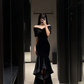 Sexy Mermaid Off the Shoulder Black Ruffle Velvet Long Prom Dress Evening Dress SH5108