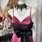 Pink Vintage A Line Straps Black Lace Satin Graduation Prom Dress SH5375