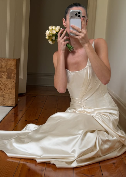 Vintage A Line One Shoulder Ivory Satin Long Wedding Dress SH8477