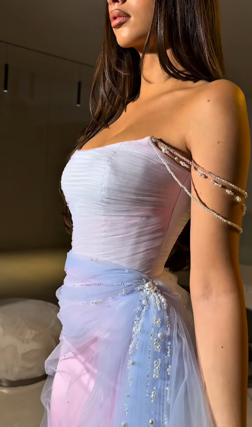 Fairy Pink-blue Ombre A Line Exquisite Beaded Tulle Long Prom Dress Evening Dress SH6748