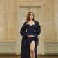 Navy Blue A Line Long Sleeve Chiffon Slit Prom Dress Evening Dress SH6687