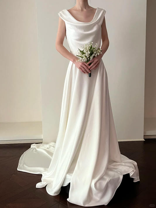Simple A Line Round Neck White Satin Wedding Dress SH4998