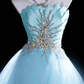 Vintage Blue A Line Strapless Pleated Beaded Satin Tulle Long Graduation Prom Dress SH5288