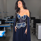 Stunning Navy Blue A Line Exquisite Pearl Beaded Chiffon Tulle Graduation Prom Dress SH5331
