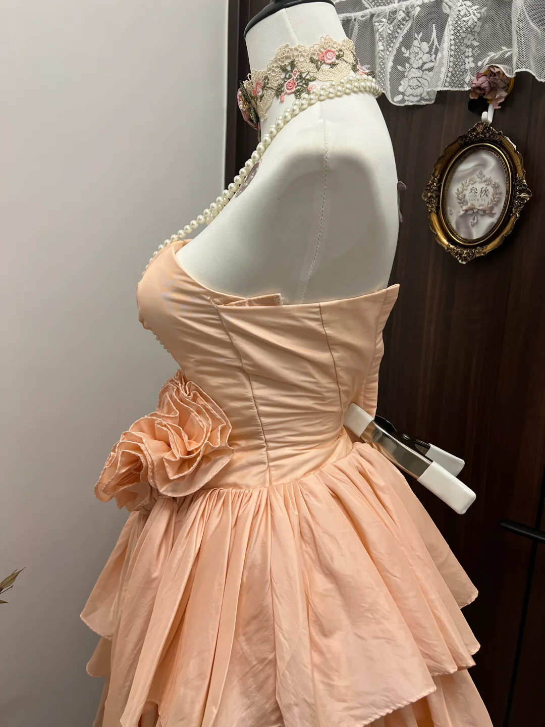 Cute Vintage A Line Strapless Layered Flower Coral Sands Satin Short Homecoming Dress Cocktail Dress SH2986