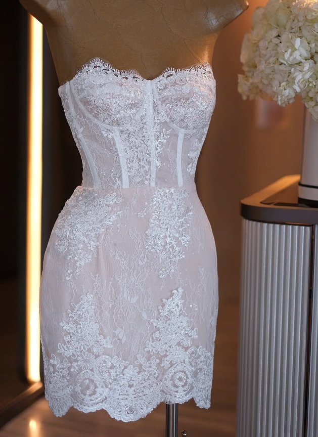 White Sheath Strapless Lace Short Homecoming Dress Evening Dress SH1862