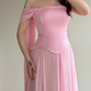 Simple Pink A Line Off the Shoulder Chiffon Satin Prom Dress Wedding Guest Dress SH5420