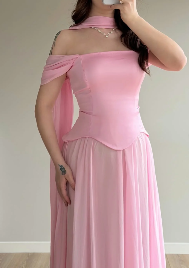 Simple Pink A Line Off the Shoulder Chiffon Satin Prom Dress Wedding Guest Dress SH5420