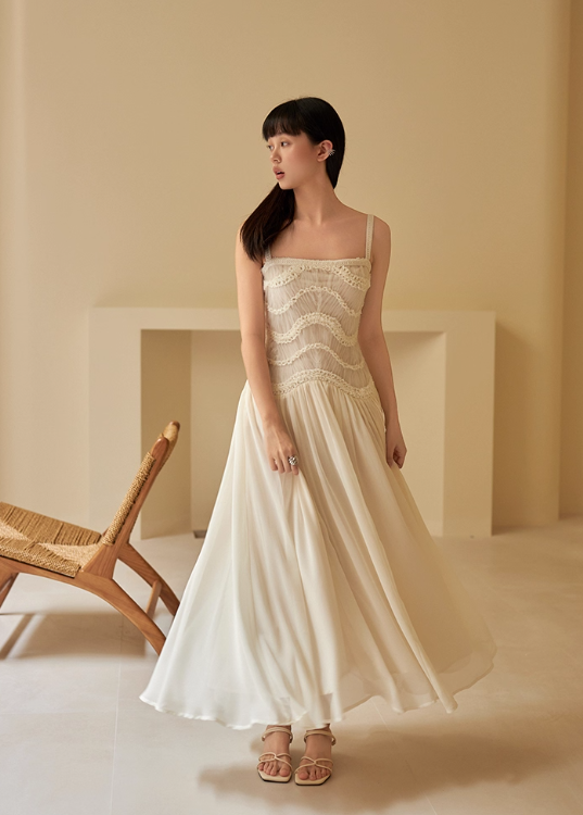 Simple A Line Spaghetti Strap Light Apricot Lace Chiffon Party Dress Outfits SH4728