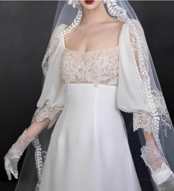 Vintage A Line Long Sleeve White Beaded Satin Long Wedding Dress SH5038