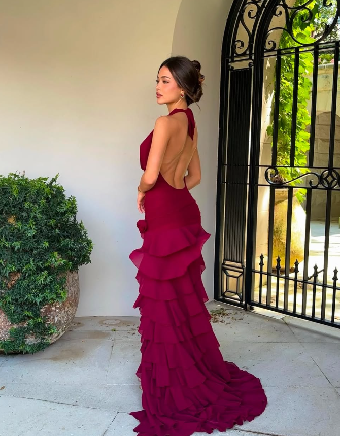Pretty A Line V Neck Layered Chiffon Open Back Prom Dress Evening Dress SH4041
