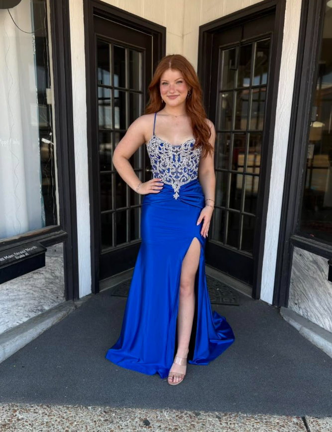 Dazzling Royal Blue Mermaid Straps Exquisite Beaded Satin Slit Long Prom Dress Evening Dress SH7227