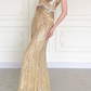 Shiny Gold Vintage A Line Straps Sequin Chiffon Long Prom Dress Wedding Guest Dress SH5507