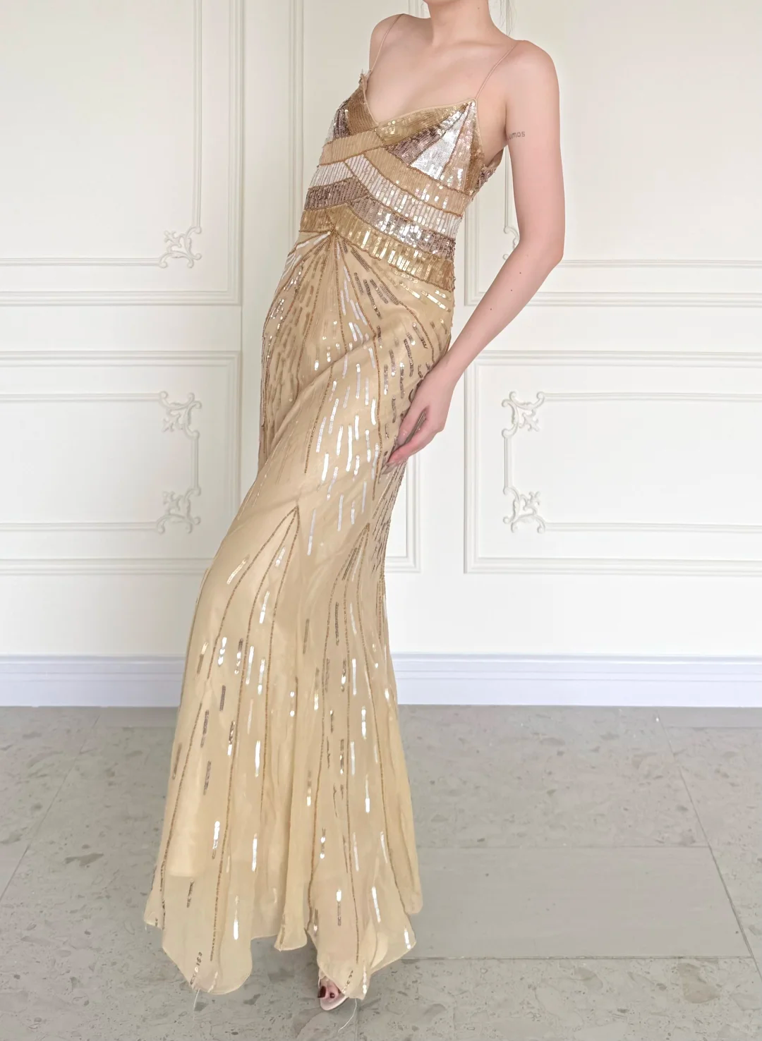 Shiny Gold Vintage A Line Straps Sequin Chiffon Long Prom Dress Wedding Guest Dress SH5507