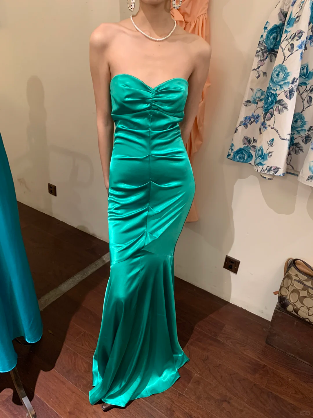 Vintage Mermaid Sweetheart Neck Pleated Green Satin Long Party Dress Cocktail Dress SH2946