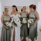Elegant A Line One Shoulder Pleated Sage Green Satin Bridesmaid Dress Evening Dress SH3056