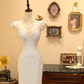 Classy Mermaid V Neck White Lace Appliques Satin Long Prom Dress Wedding Dress SH7394