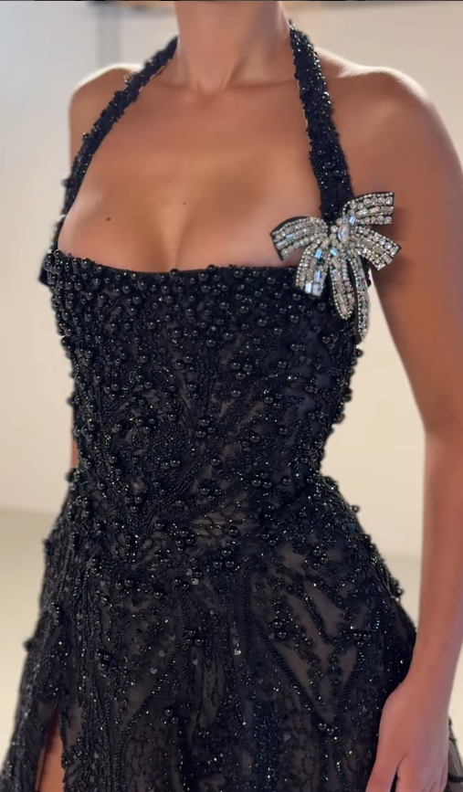 Exquisite A Line Halter Black Beaded Tulle Short Homecoming Dress Outfits SH4835