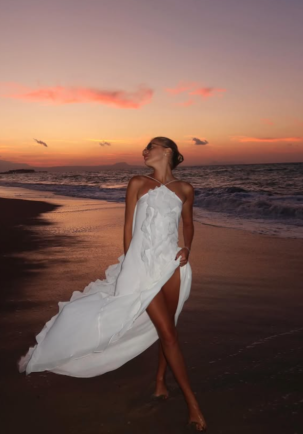 Flowy A Line Halter White Chiffon Open Back Prom Dress Vacation Dress SH4619