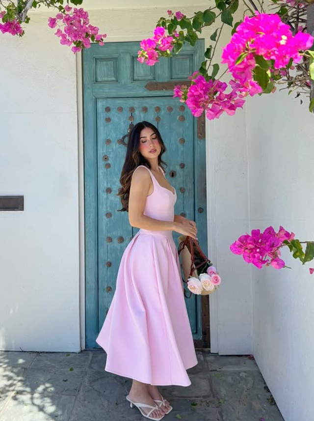 Princess Pink A Line Spaghetti Strap Simple Satin Prom Dress Vacation Dress SH6254