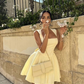 Cute Yellow A Line Straps Satin Open Back Short Homecoming Dress Outfits SH5544