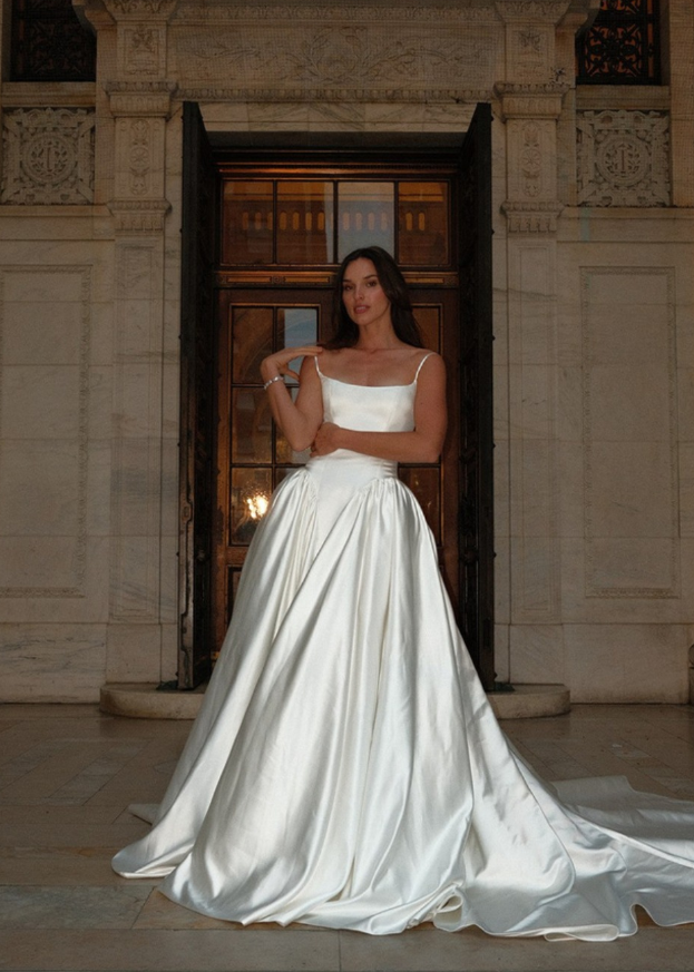 Beautiful A Line Spaghetti Strap White Simple Satin Wedding Dress SH6033