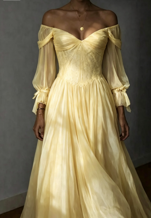 Ethereal A Line Long Sleeve White Pleated Chiffon Prom Dress Wedding Dress SH7080