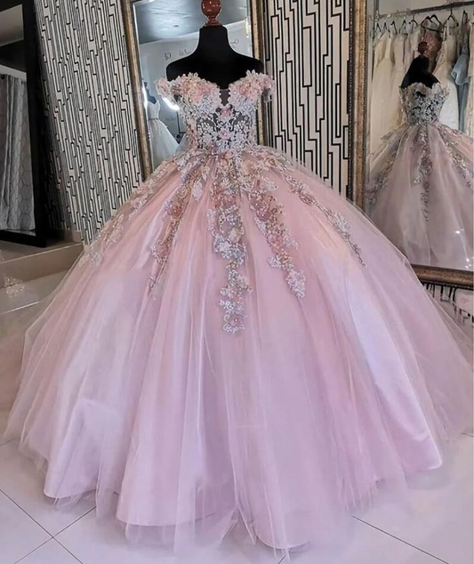 Off Shoulder Pink 16 Ball Gown Evening Prom Dress Quinceanera Dress SH1065