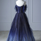 Beautiful Blue Gradient Tulle Long Prom Dress, Spaghetti Strap Evening Dress  SH778