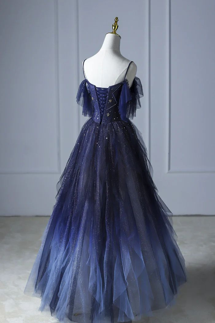 Beautiful Blue Gradient Tulle Long Prom Dress, Spaghetti Strap Evening Dress  SH778