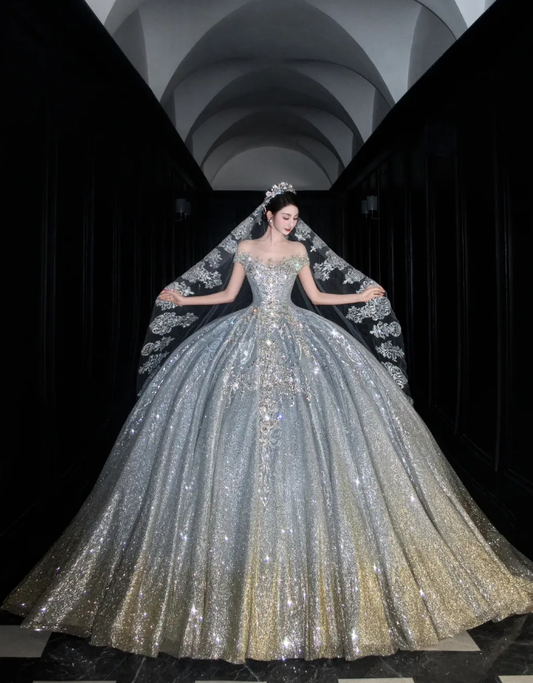 Shiny Rhinestone Beaded Silver Sequin Ball V Neck Prom Dress Evening Dress Party Dress SH3613