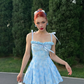 Blue A Line Spaghetti Strap Print Floral Satin Party Dress Homecoming Dress SH4304