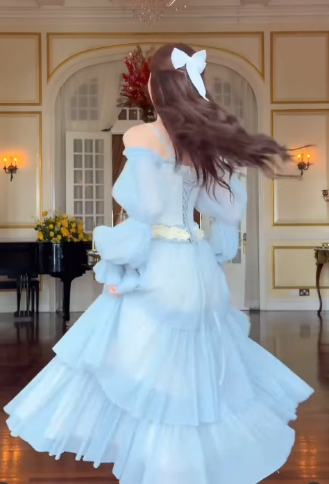 Blue A Line Long Sleeve Lace Layered Chiffon Long Prom Dress Outfits SH4779