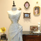 Grey A Line Strapless Pleated Satin Long Prom Dress Evening Dress SH7408