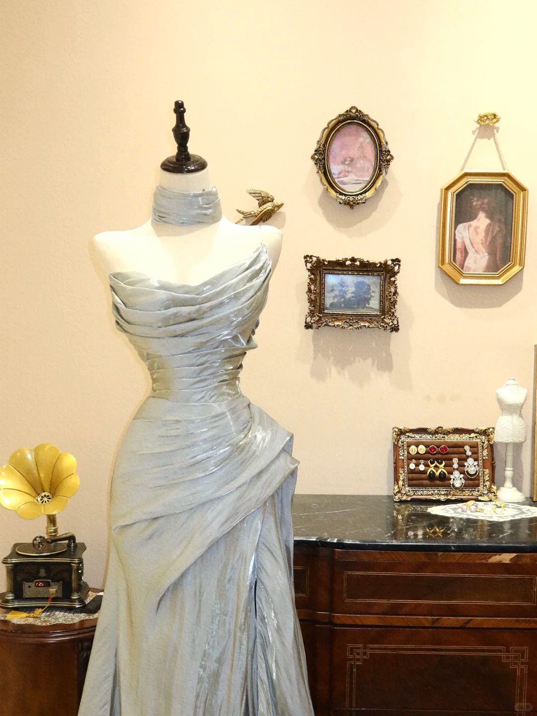 Grey A Line Strapless Pleated Satin Long Prom Dress Evening Dress SH7408