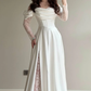 Elegant White A Line Long Sleeve Lace Satin Prom Dress Wedding Guest Dress SH5395