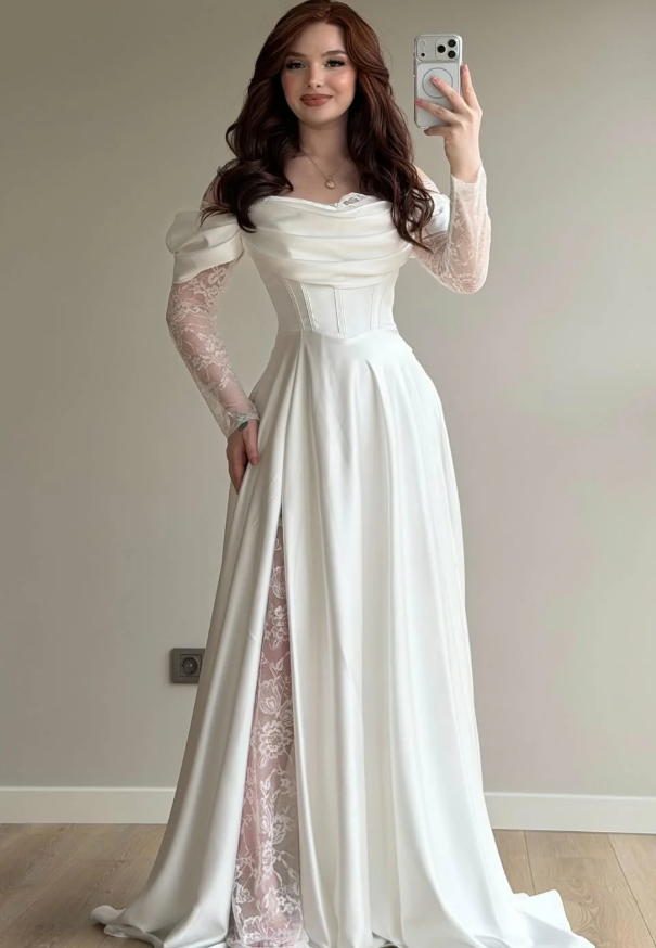 Elegant White A Line Long Sleeve Lace Satin Prom Dress Wedding Guest Dress SH5395