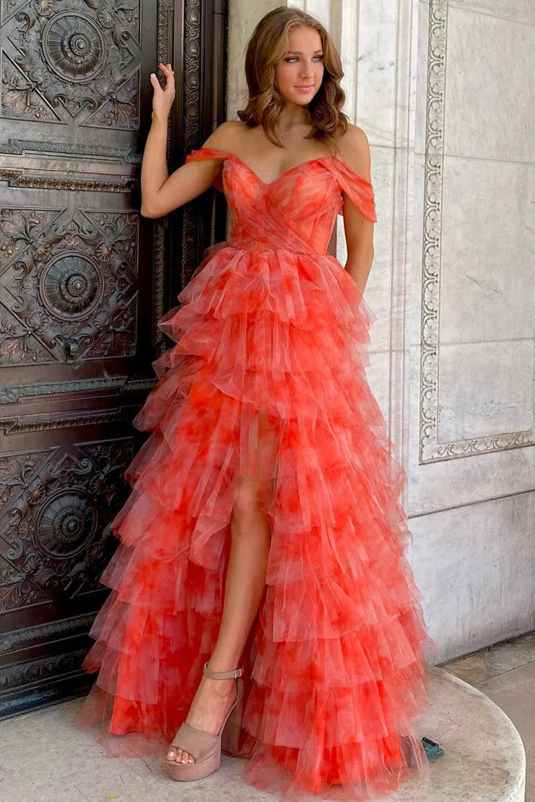 Off-the-shoulder Coral Print Tiered Tulle Long Prom Dress Evening Dress SH1699